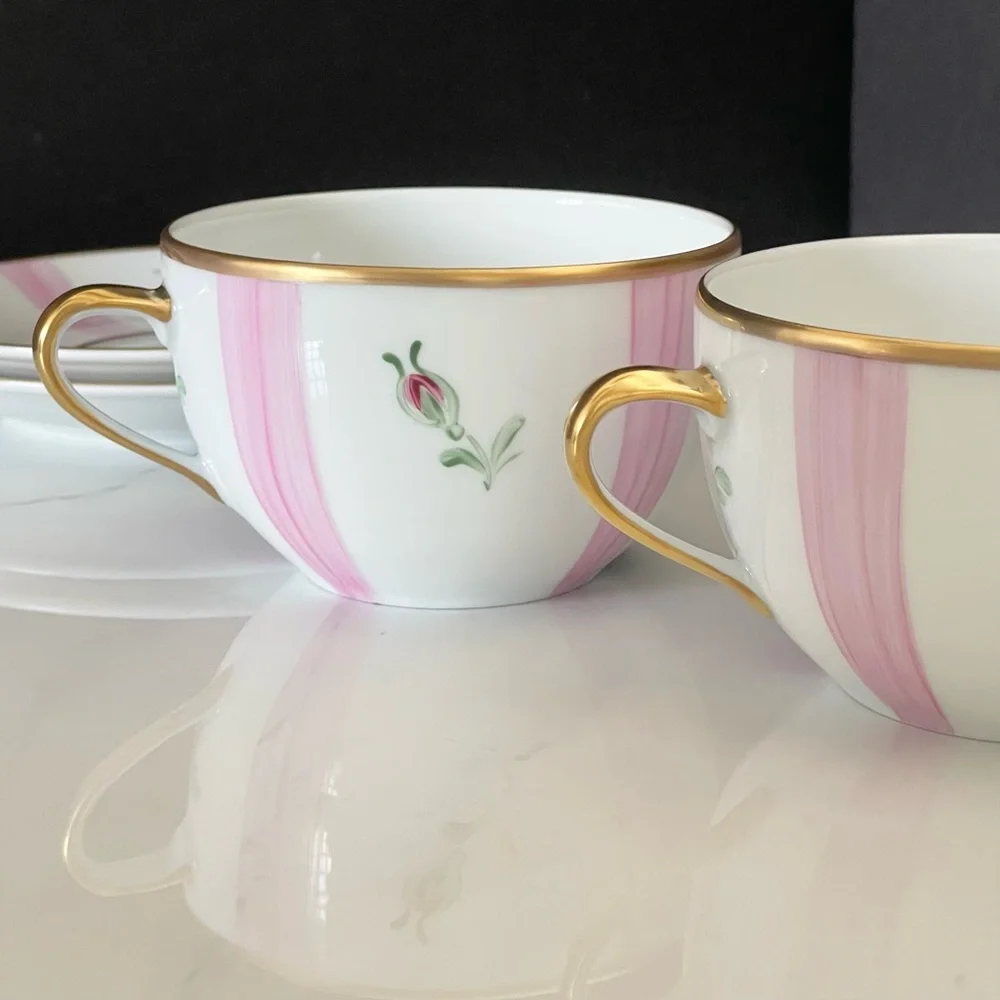 SET of 2 Pink Rose Breakfast Cups & Saucers - Marie Daage Limoges